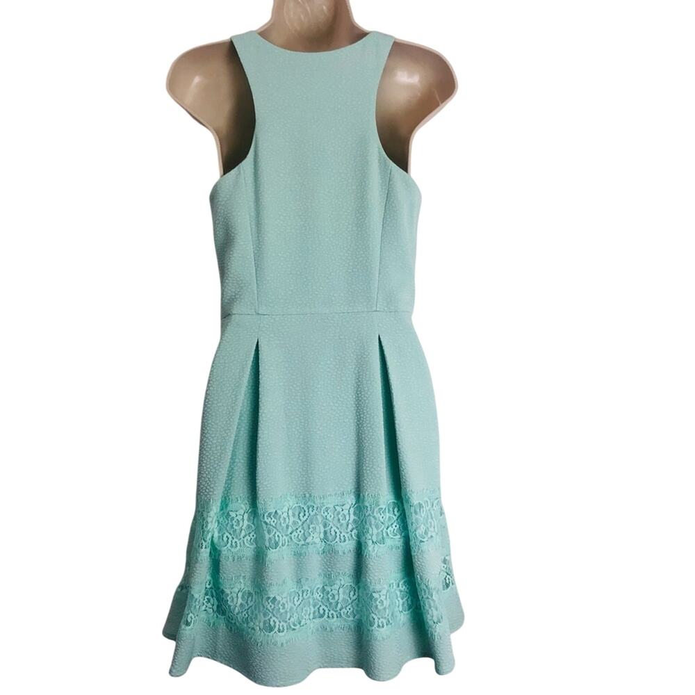 Express Fit & Flare Turquoise Sleeveless Dress Front Zip Pockets Lace Trim - Picture 15 of 16